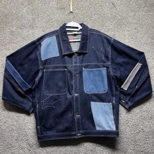 Vintage Y2K Dr. Jeans Denim Blue Trucker Jacket Size XL Patchwork Colorblock 90s
